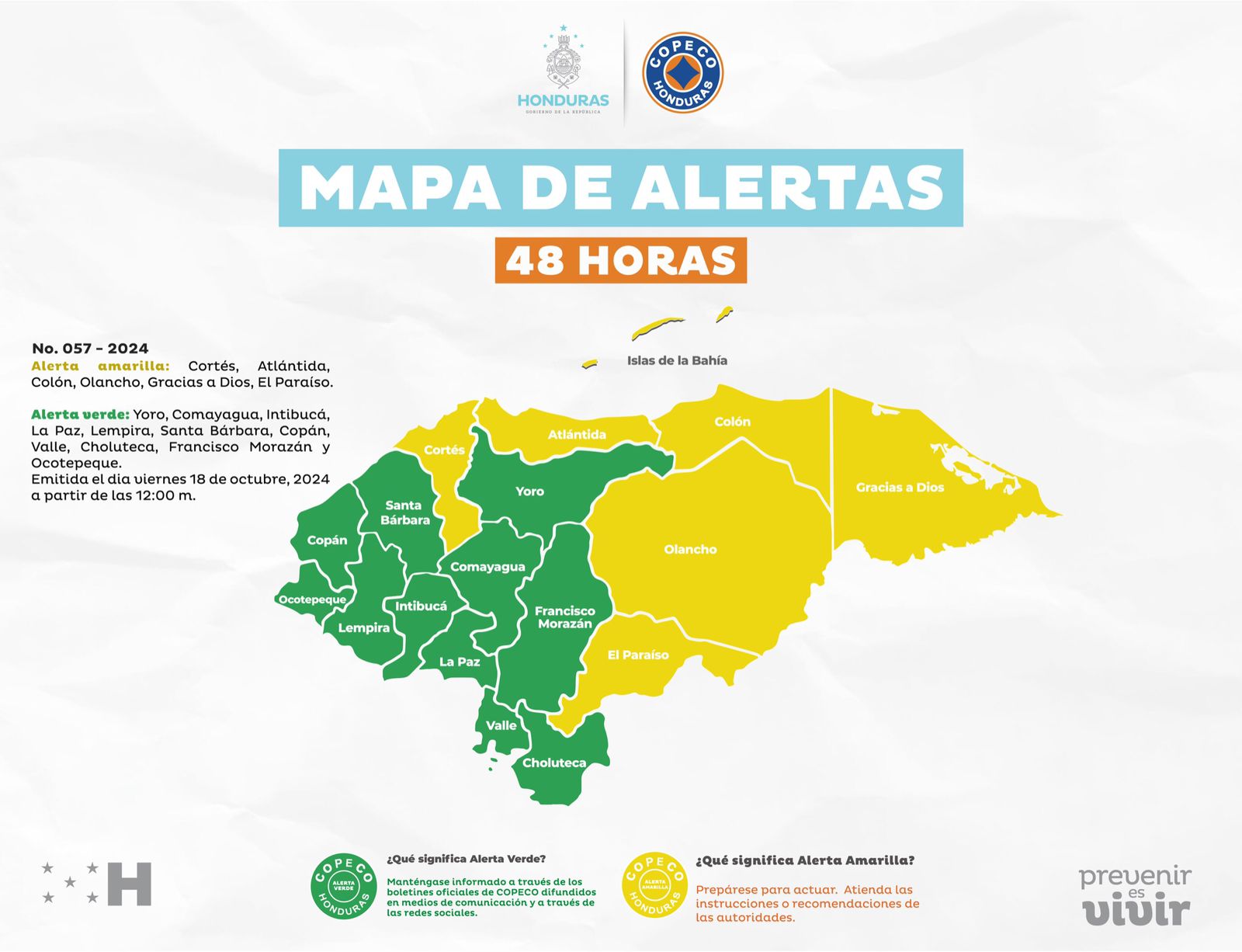  Se elevan a Alerta Amarilla a siete departamentos y el resto del país continúa en Verde por 48 horas