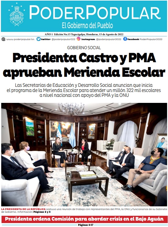 Presidenta Castro y PMA aprueban Merienda Escolar