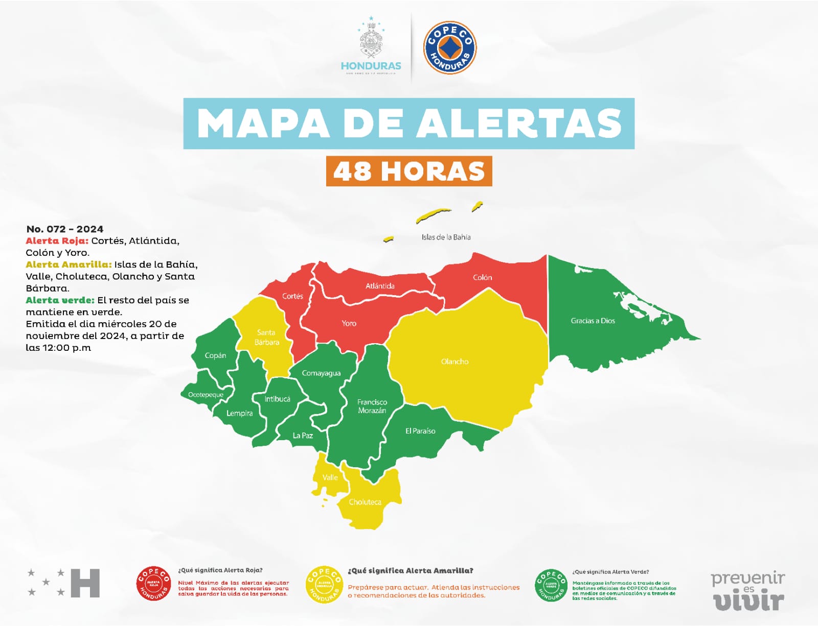 COPECO eleva a Alerta Roja a cuatro departamentos; cinco en Amarilla y el resto del país en Verde...